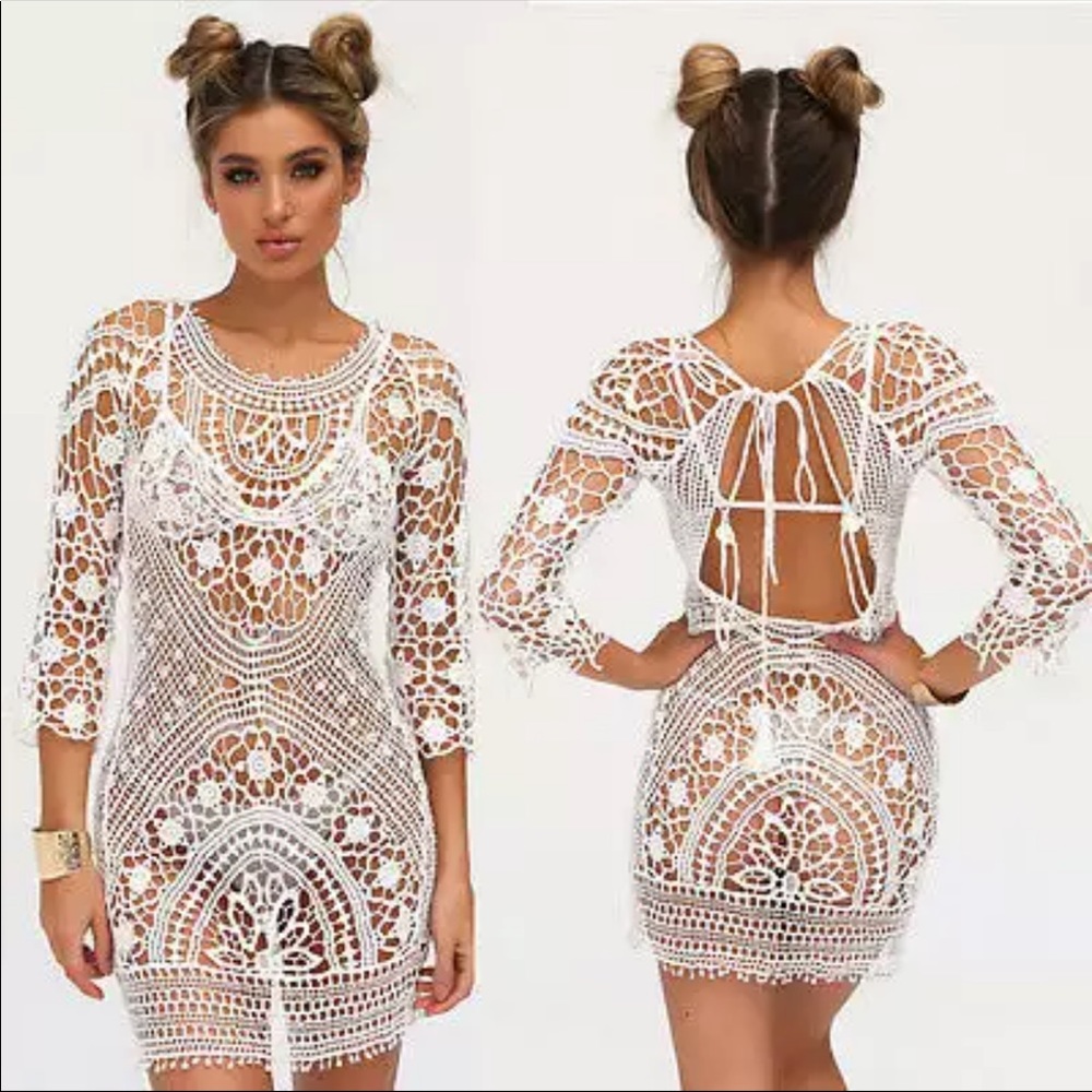 CROCHET SWIM COVERUP BOHO LACE DRESS OPEN BACK - Picture 7 of 9
